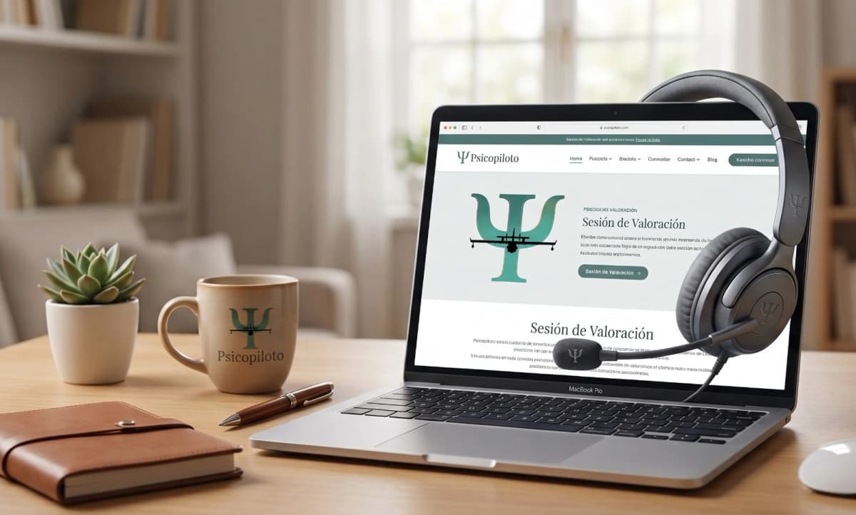 Escritorio limpio con ordenador portátil y auriculares preparado para sesión de terapia online confidencial